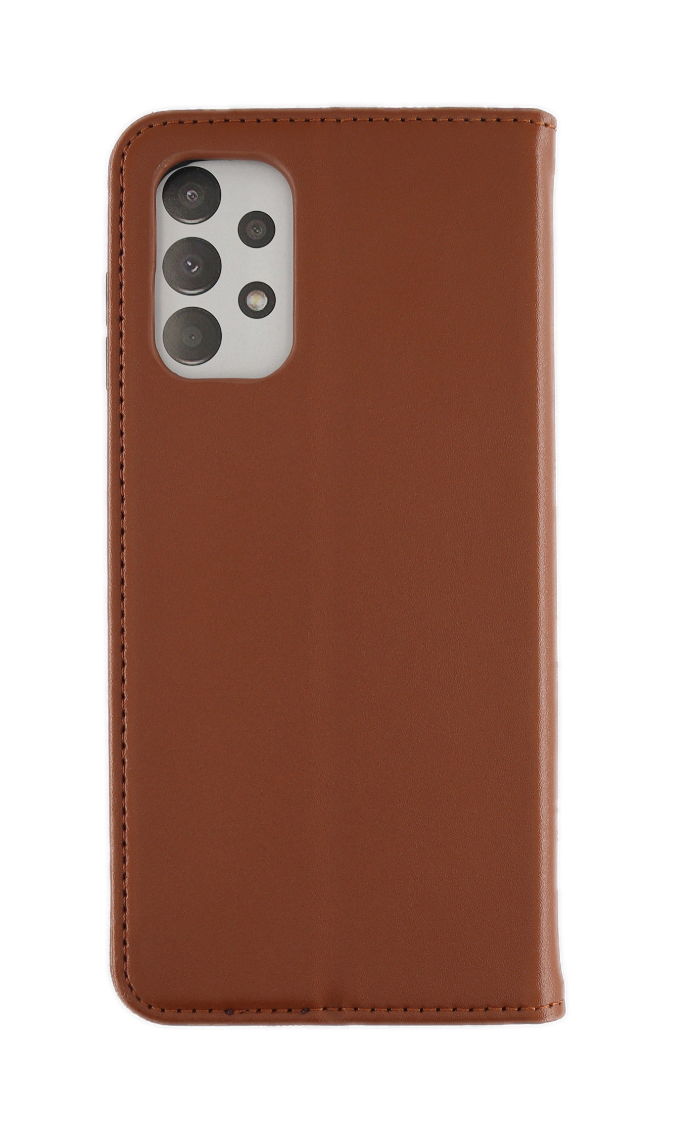 Braune Handyhülle mit einem Telefon darin. Die Hülle befindet sich auf weißem Hintergrund.