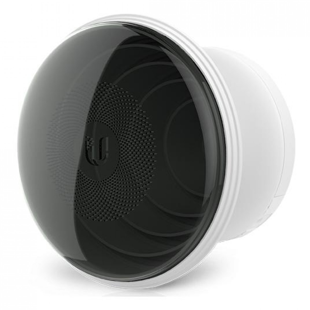 Biało-czarna inteligentna kamera do monitoringu domu z obiektywem w kształcie kopuły. Logo marki jest widoczne.