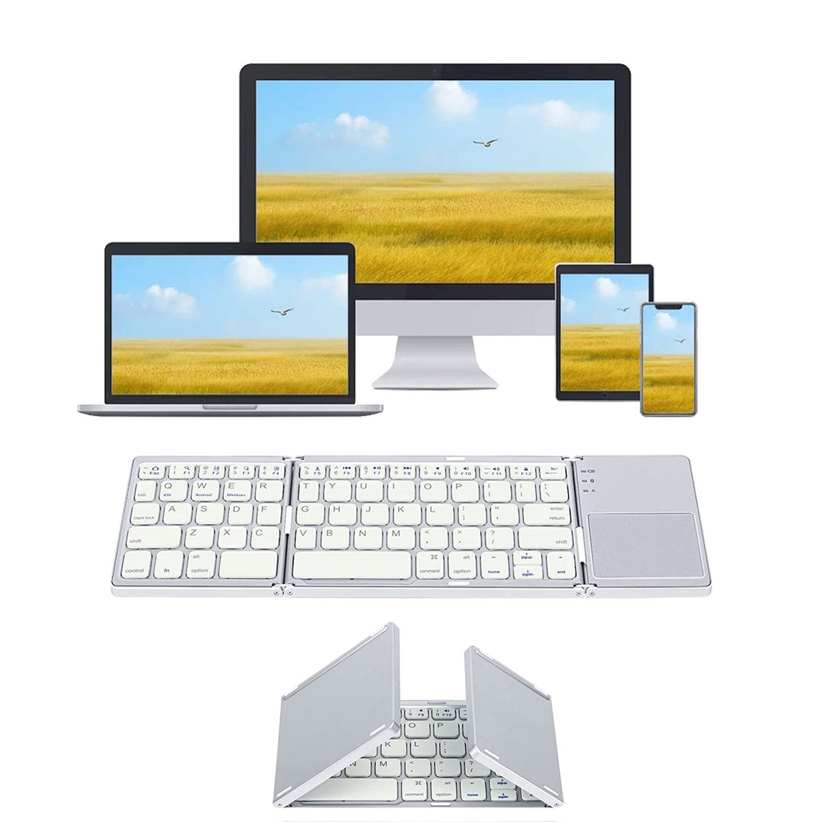 Laptop, monitor, tablet i telefon znajdują się na białym tle, pod nimi składana klawiatura.