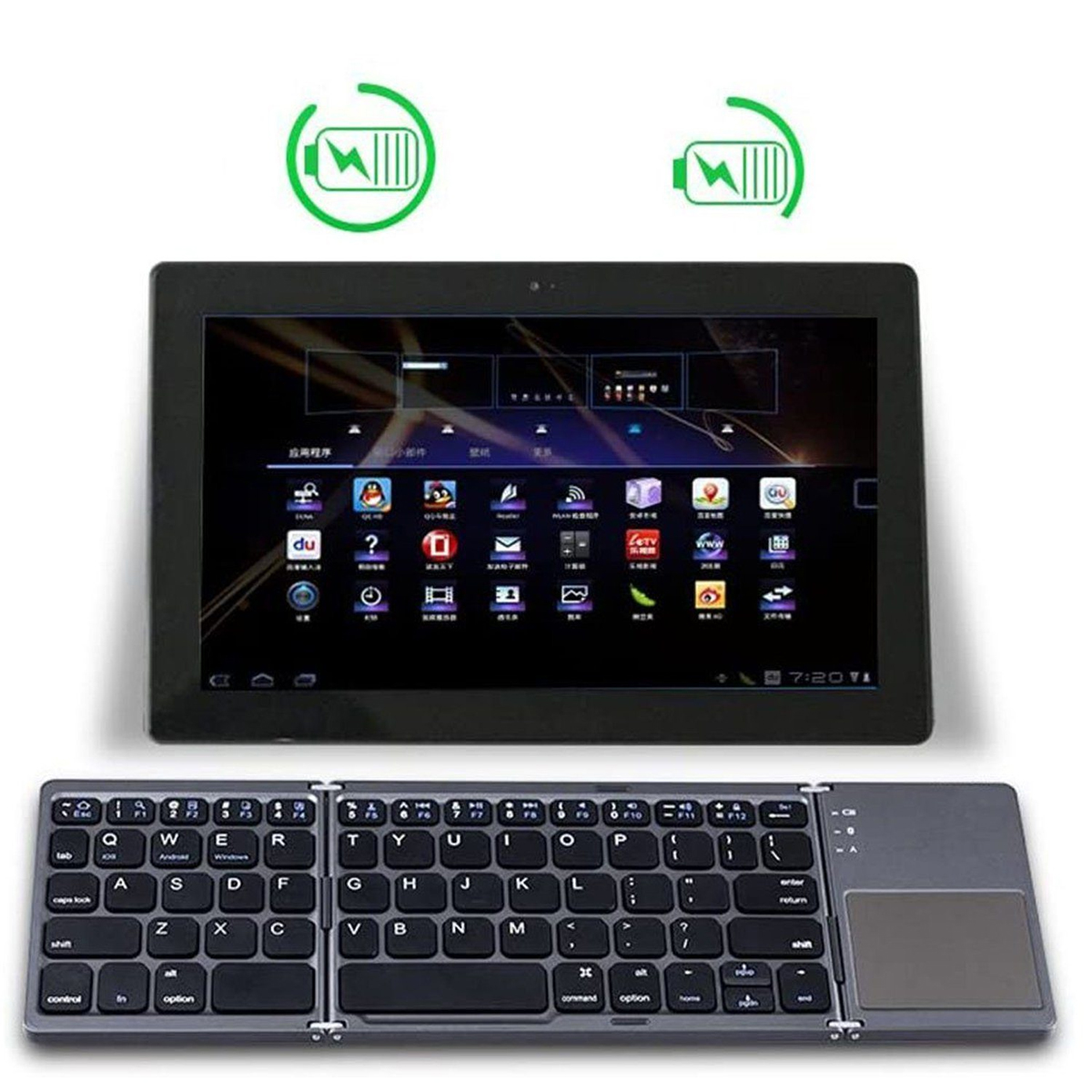 Tablet z klawiaturą na białym tle. Klawiatura jest złożona.