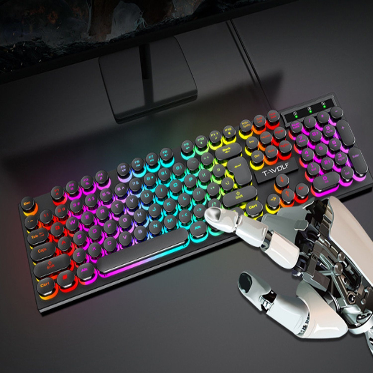 Schwarze Tastatur mit bunten Hintergrundbeleuchtung, Roboterhand.
