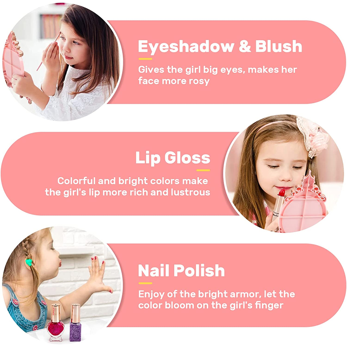 Bild, das Make-up-Anwendungsschritte für ein Mädchen zeigt, einschließlich Lidschatten, Lipgloss und Nagellack.