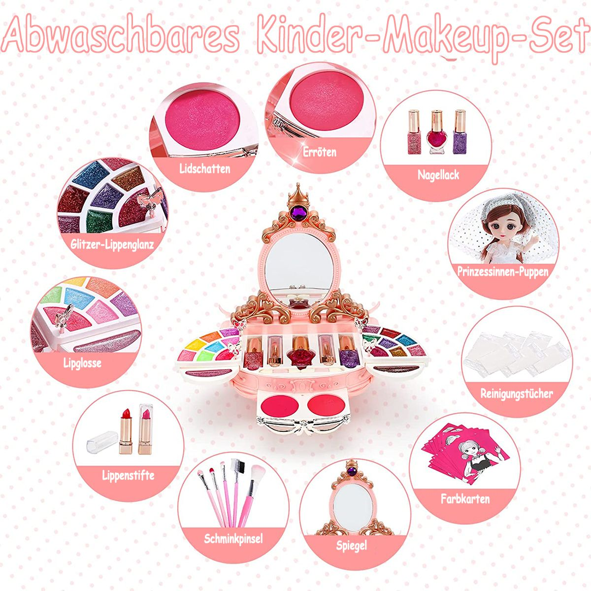 Ein Kinderschminkset mit verschiedenen Kosmetika wie Lidschatten, Rouge, Lipgloss und Nagellack.