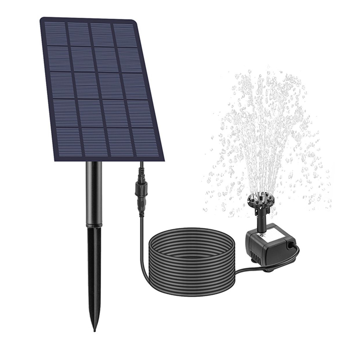 Solarpanel mit einer Springbrunnenpumpe und schwarzem Schlauch.