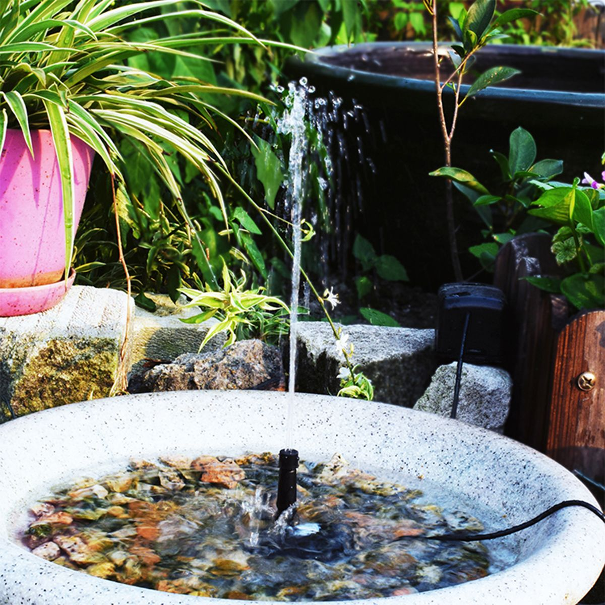 Brunnen mit Pflanzen in einer weißen Schüssel.