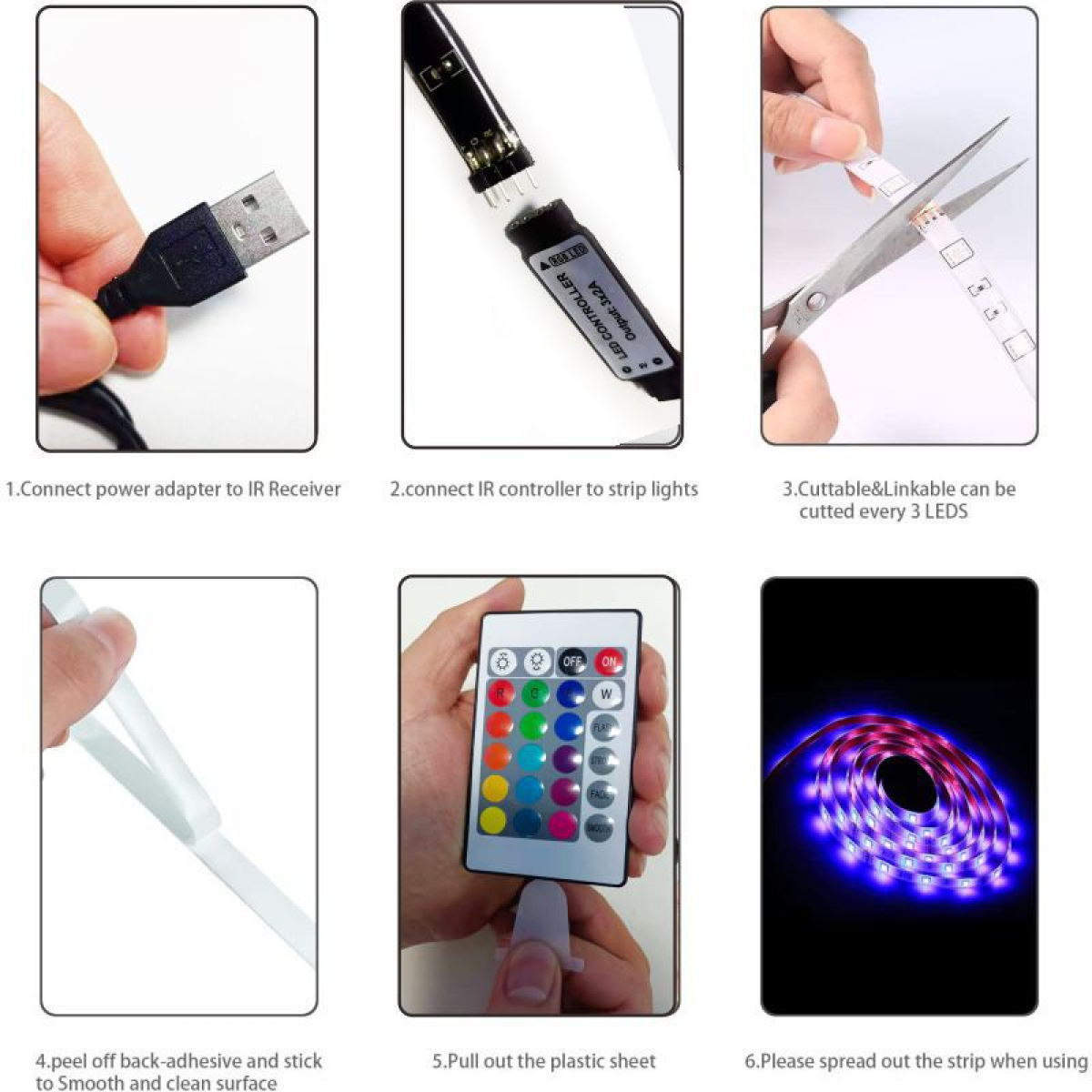 Sekwencja zdjęć pokazujących konfigurację paska LED z pilotem.