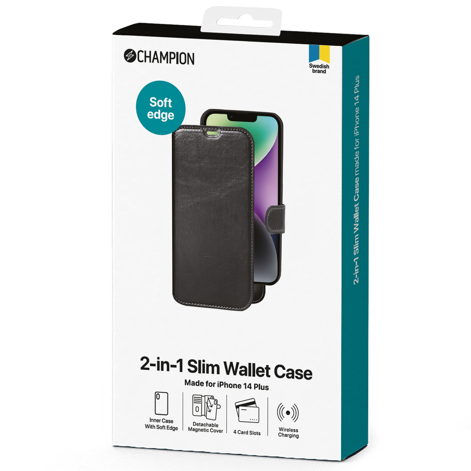 Eine Telefonbox mit einer schwarzen Brieftasche im Inneren. Funktionen wie weiche Kanten und Kartenfächer werden gezeigt.
