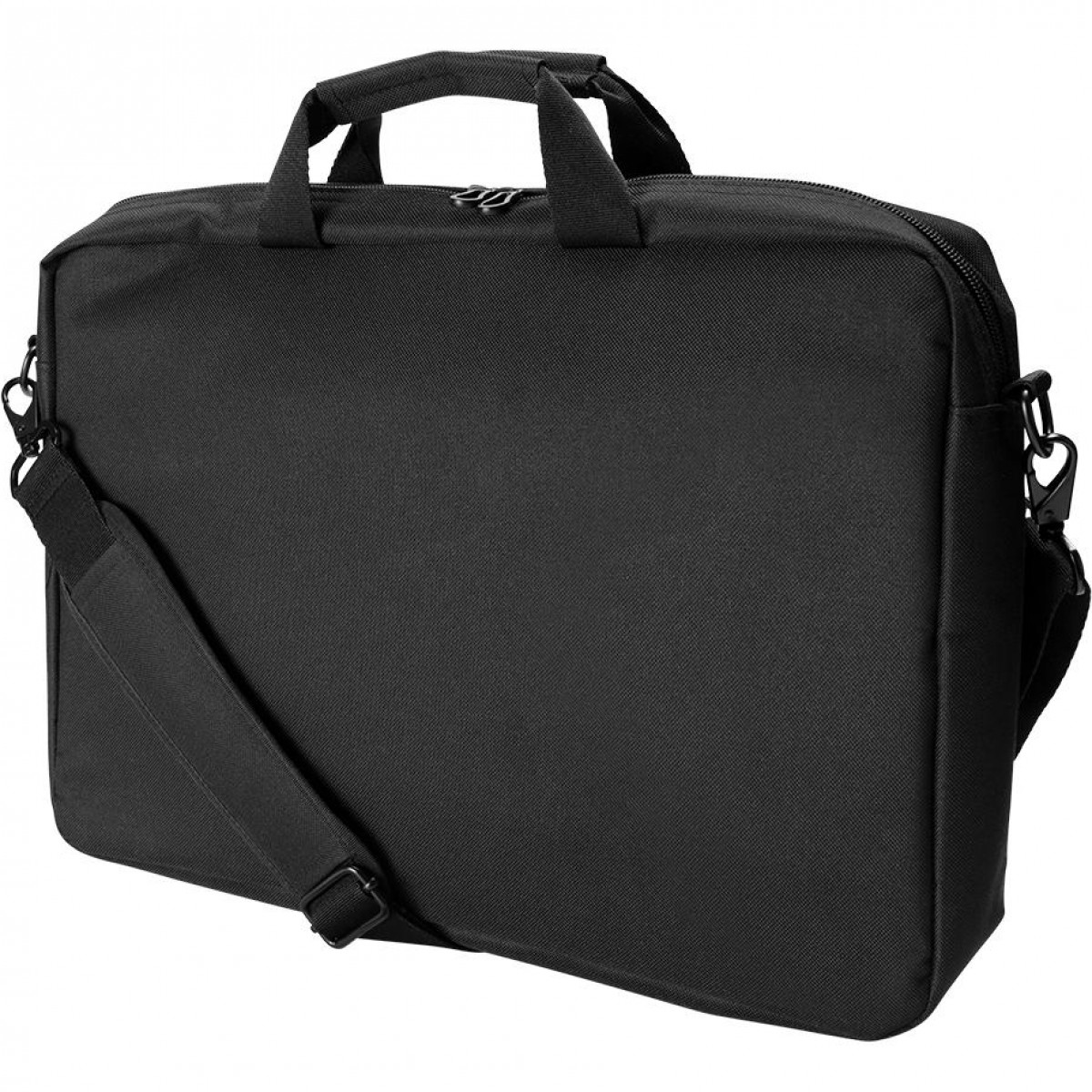 Borsa per laptop nera con manico, tracolla e cerniere.