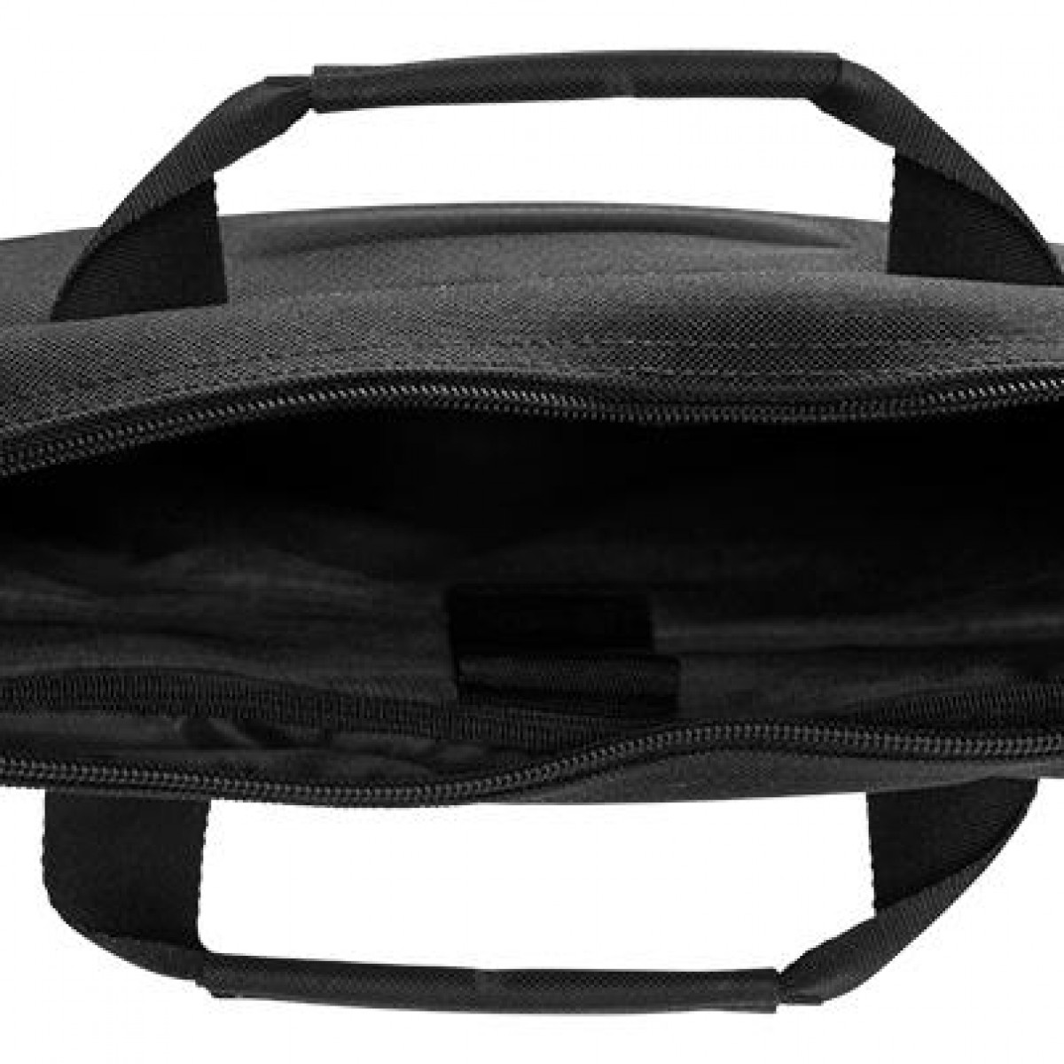 Borsa per laptop nera aperta. L'interno è visibile. Maniglia nera in alto.