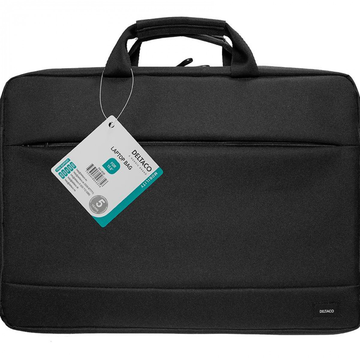 Una borsa per laptop nera con manico. Un'etichetta bianca con testo è attaccata alla borsa.