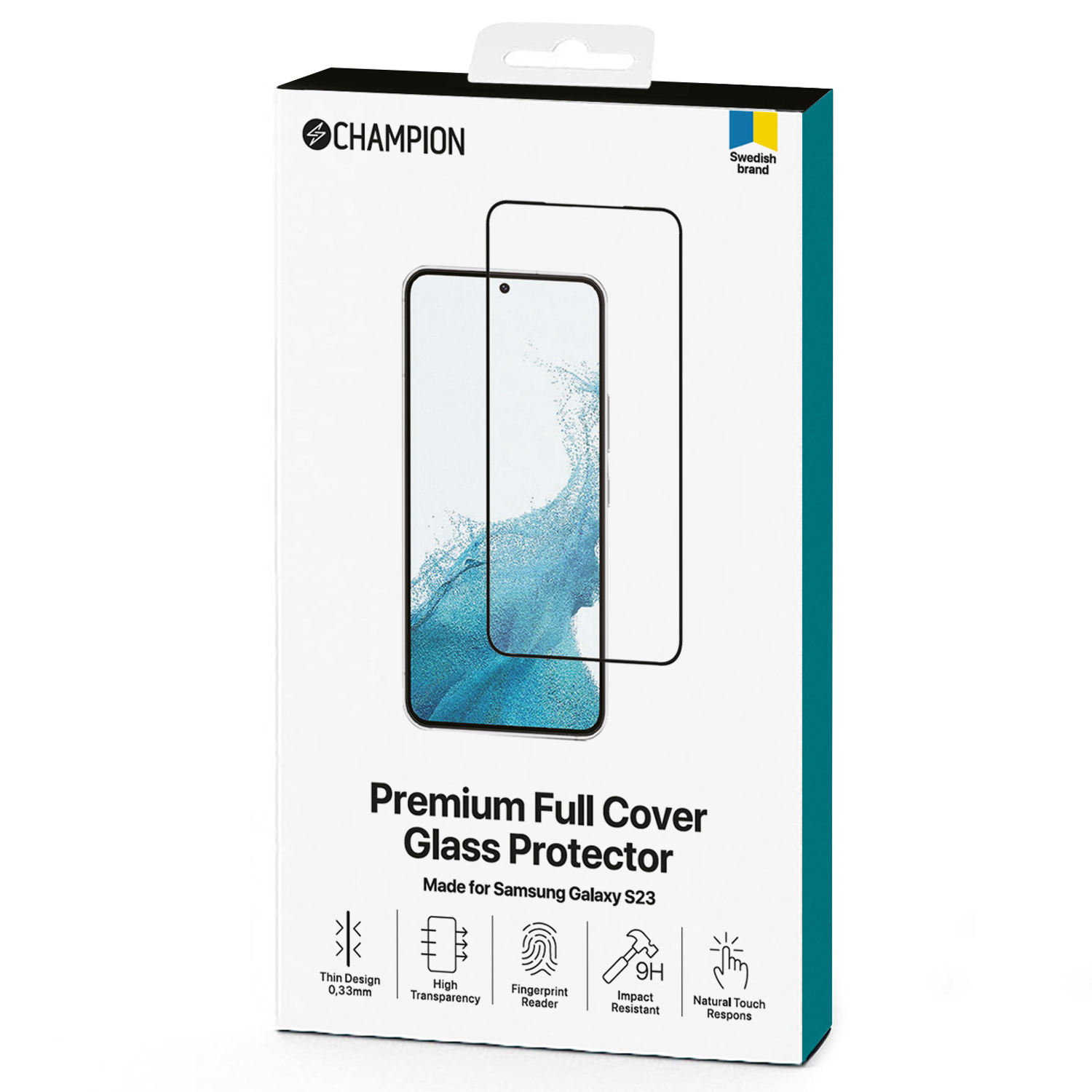 Proteggi schermo in scatola per un Samsung Galaxy S23, con varie icone e testo.