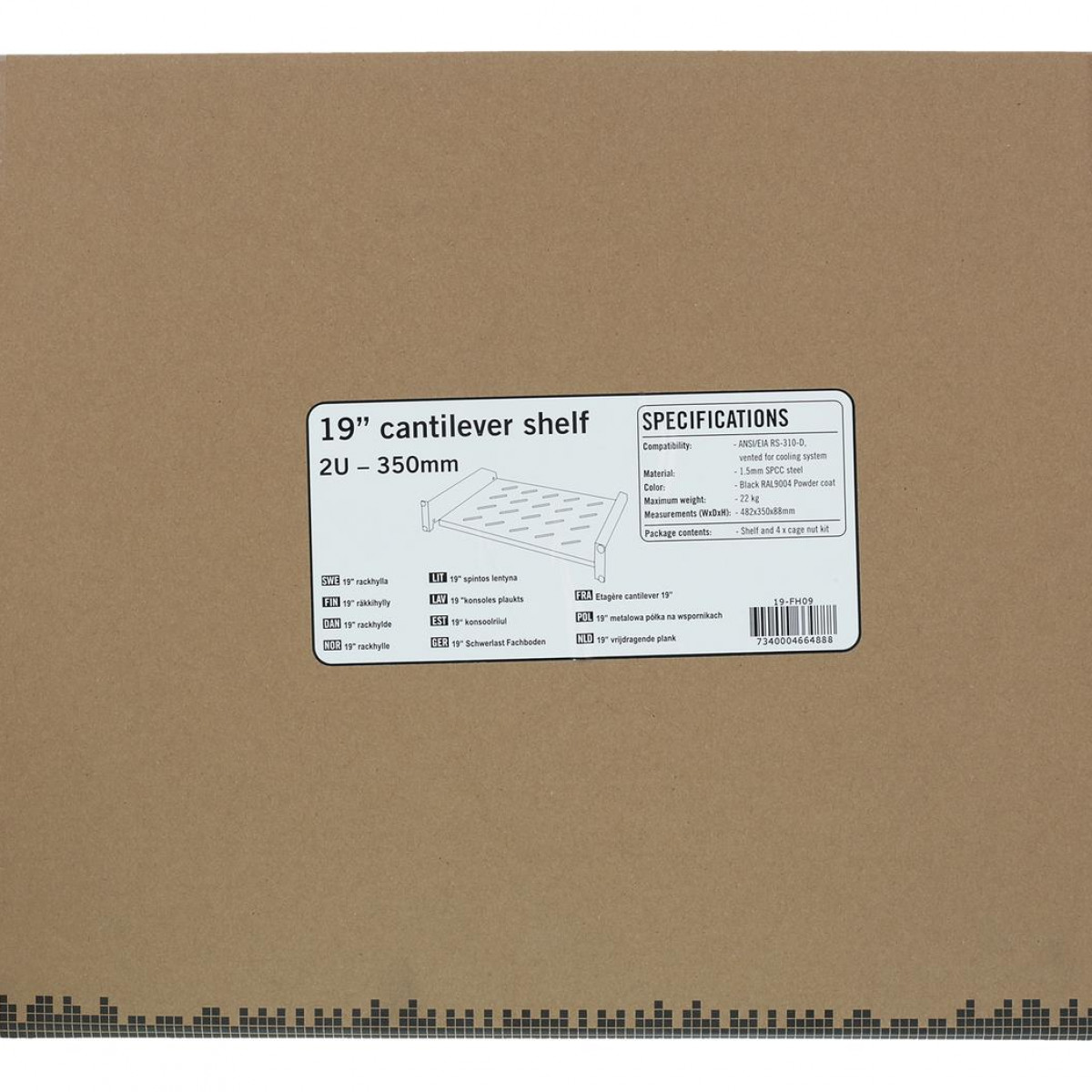 Scatola marrone con descrizione e specifiche di uno scaffale a sbalzo da 19".
