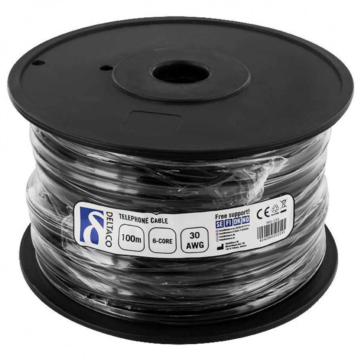 Rolle, schwarz, DELTACO 6P, Modularkabel, DELTACO kabel 100m,