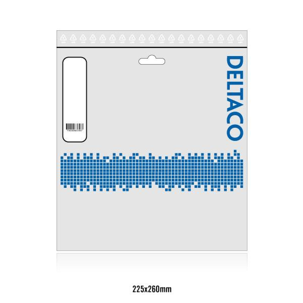 Eine DELTACO-Tasche. Weiß mit blauem Gittermuster und Barcode.