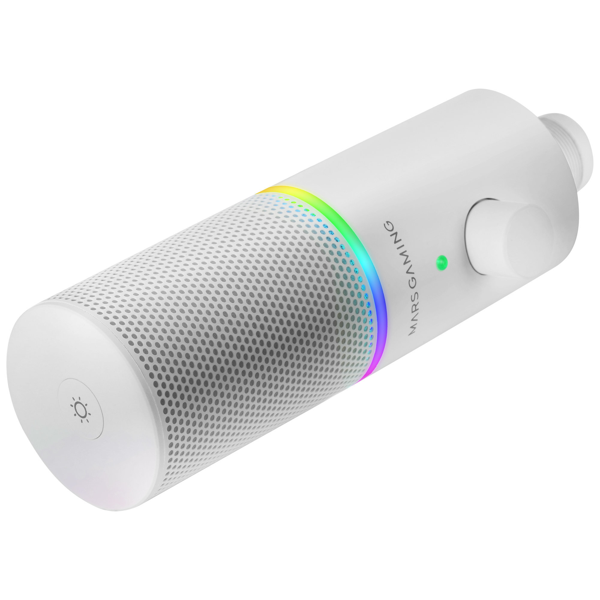 Micrófono blanco con luces LED, control de volumen y rejilla de malla.