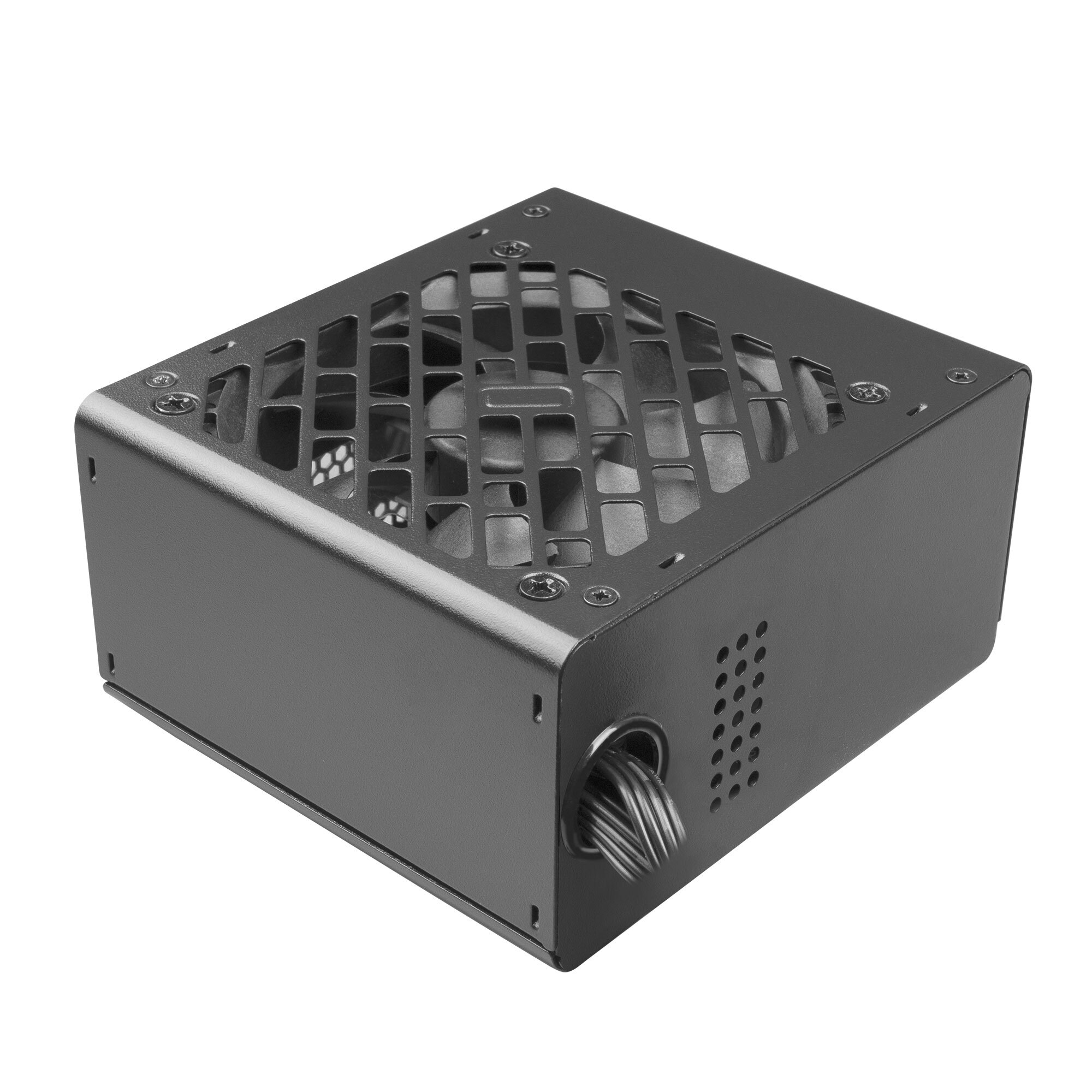 Czarny zasilacz z siatkowym wierzchem i wiązką przewodów wychodzących z boku.