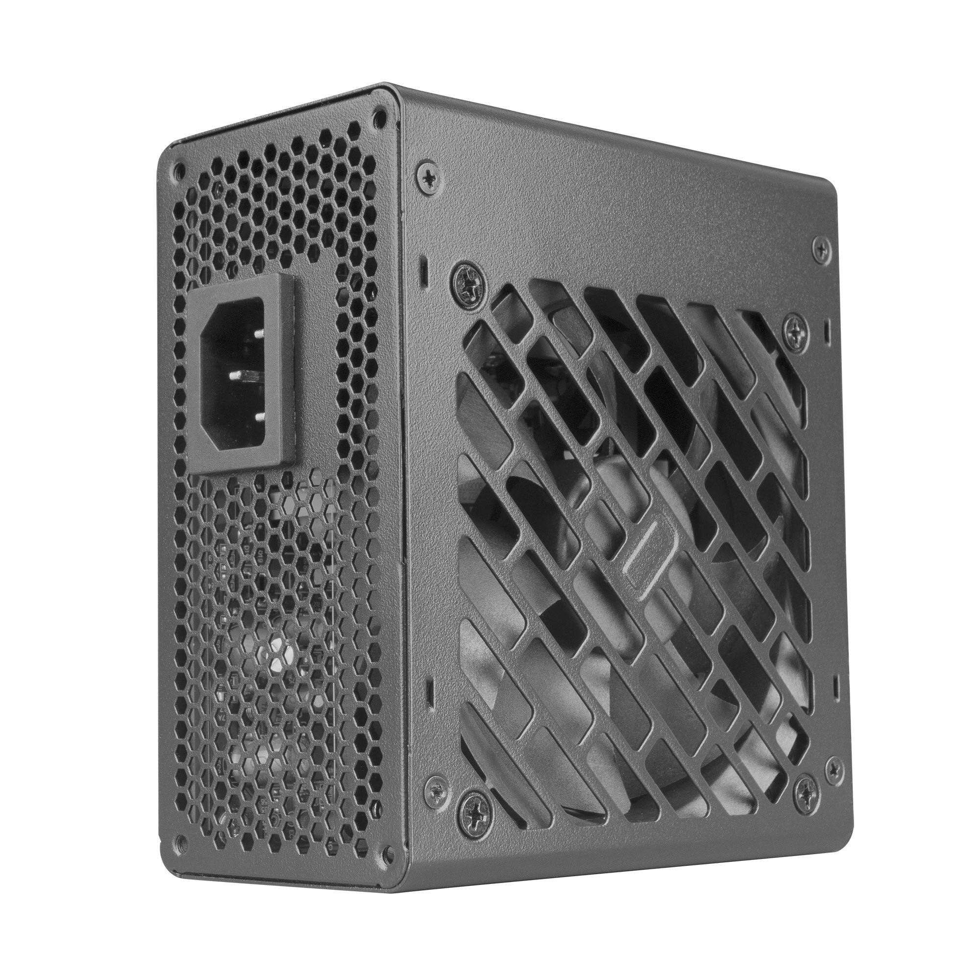 Czarny zasilacz z wentylatorem i otworami wentylacyjnymi na białym tle.