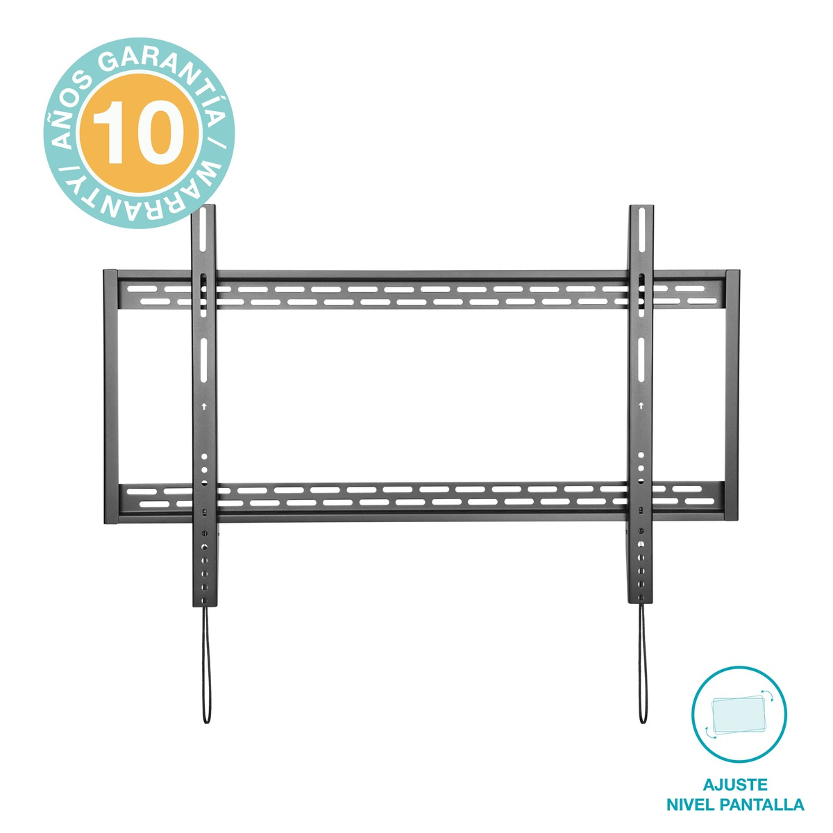 Un soporte de TV negro con un sello de garantía de 10 años. Está sobre un fondo blanco con una imagen pequeña.