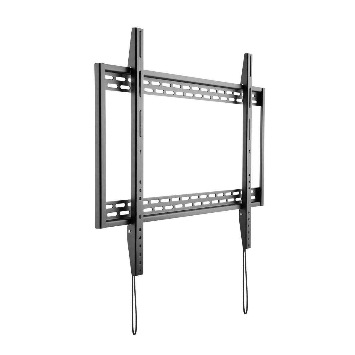 Soporte de pared negro para TV, marco rectangular con ranuras, dos cables colgantes visibles.
