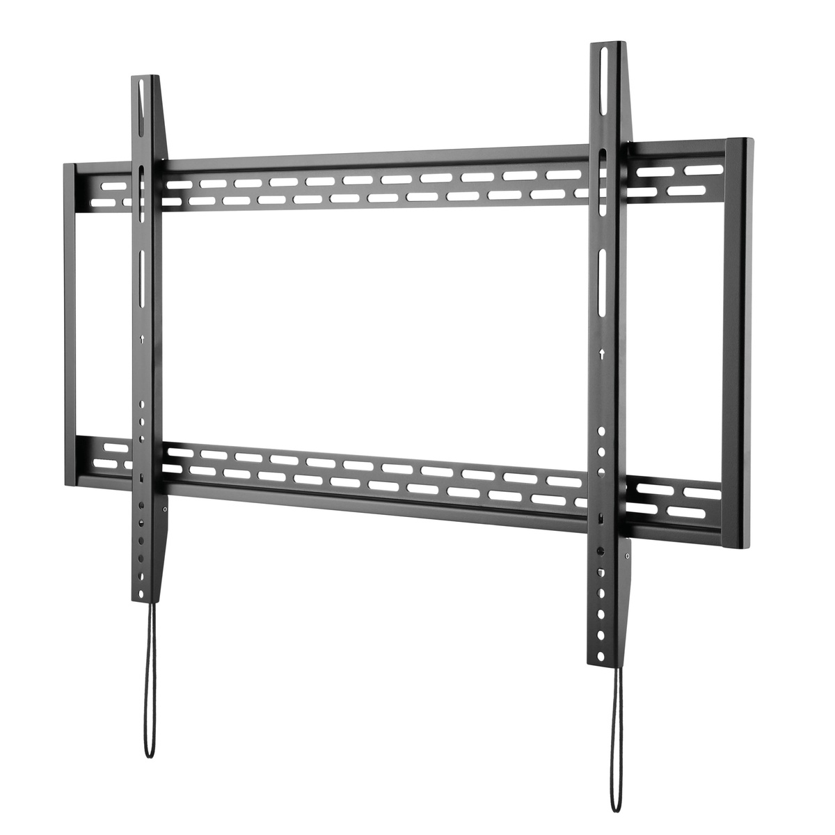 Soporte de pared para TV negro con soportes, sobre fondo blanco.