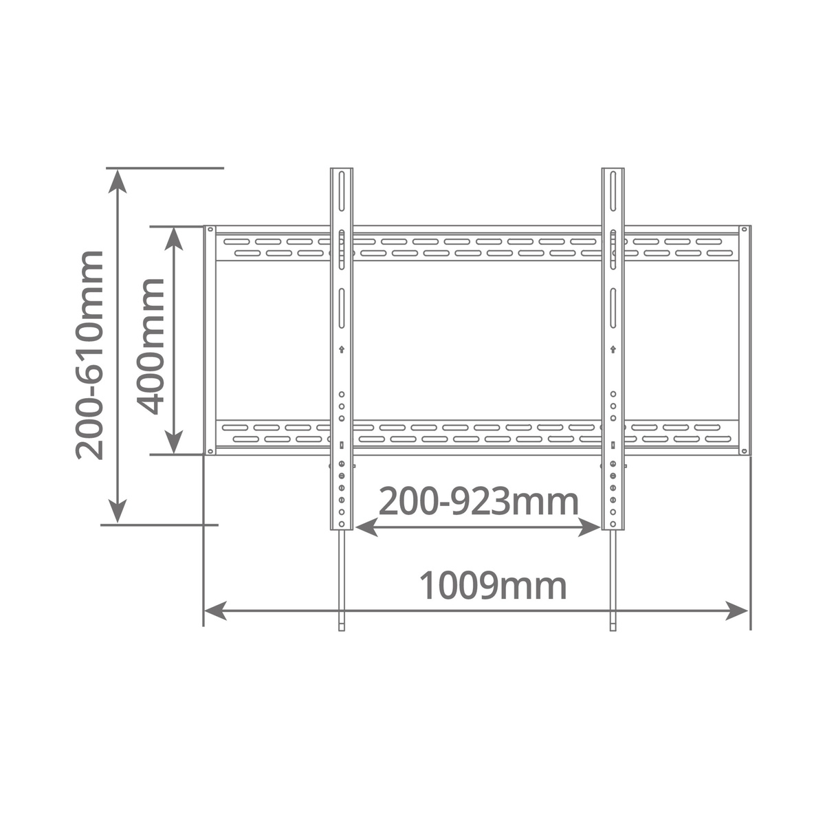 Dimensiones de soporte de pared para TV con flechas y medidas.