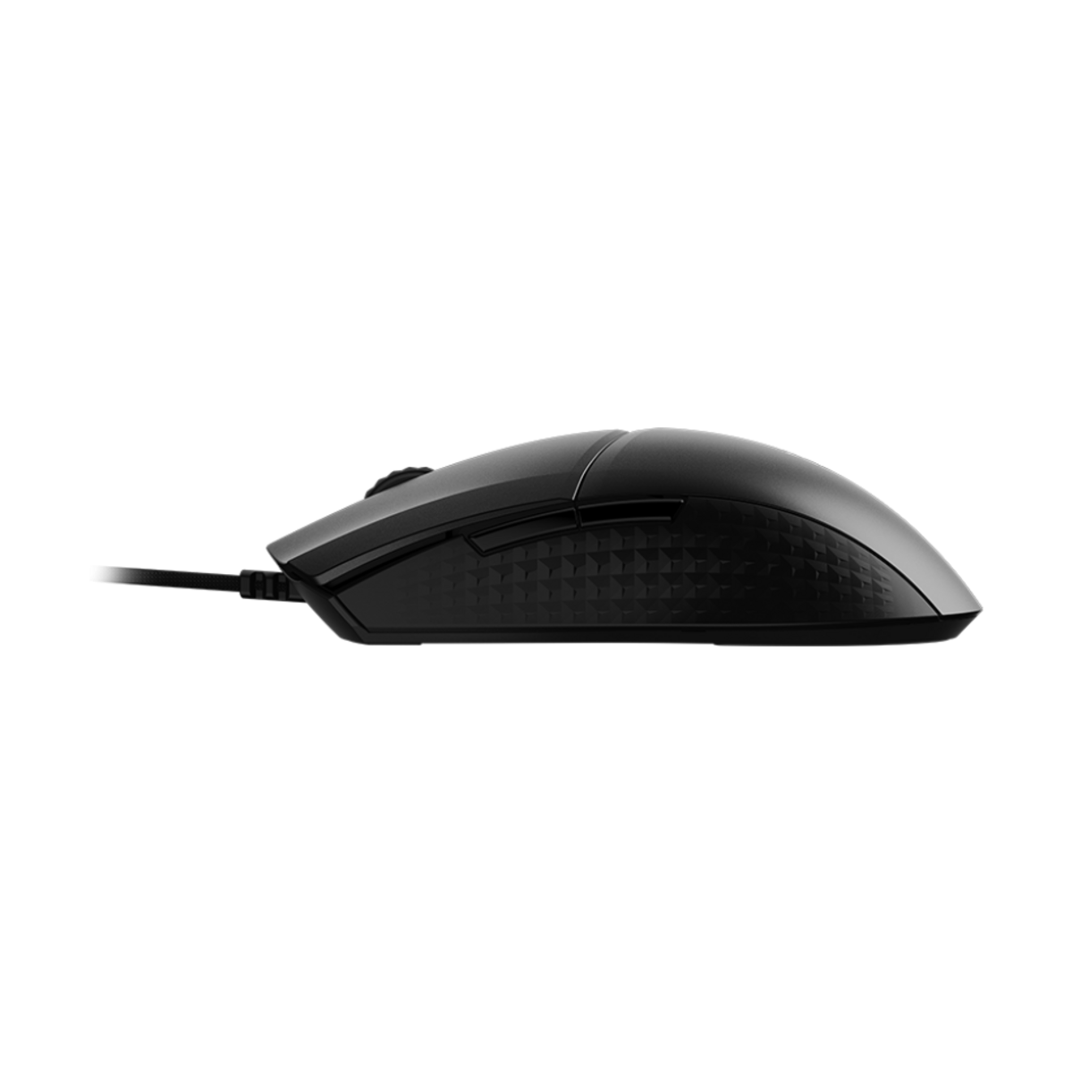 Schwarze Gaming-Maus auf schwarzem Hintergrund.