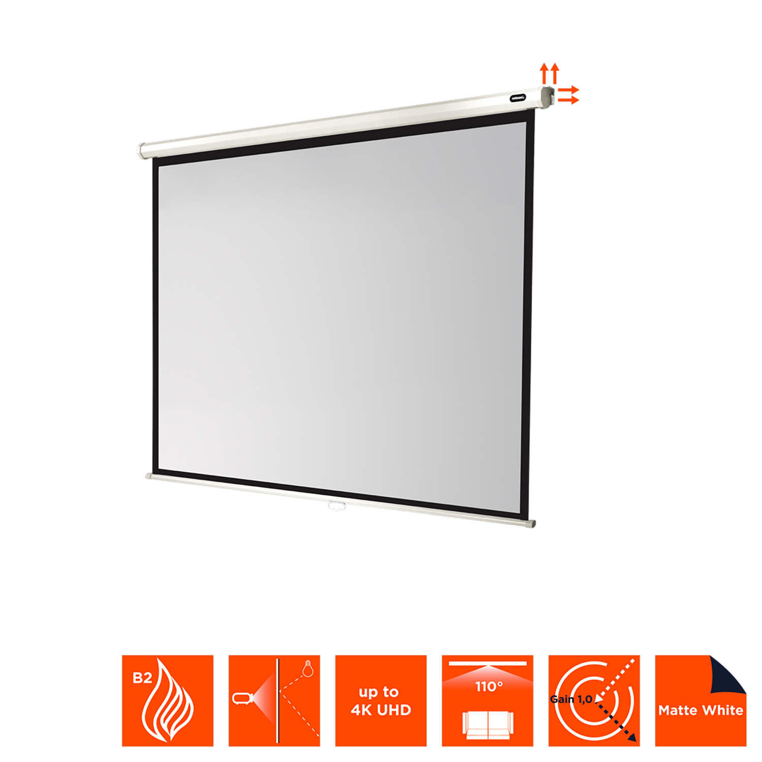 Eine weiße Projektorleinwand, mit Symbolen, die Funktionen anzeigen. Der Bildschirm hat einen weißen Rahmen.