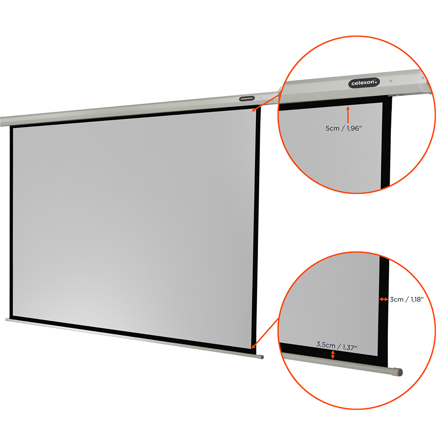 Weiße Projektionsleinwand mit Maßangaben in cm/Zoll. Details sind in einer Kreiszum.