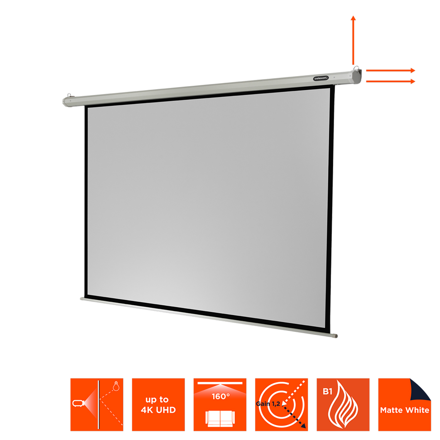 Weiße Projektorleinwand mit schwarzen Rändern und Symbolen unten.