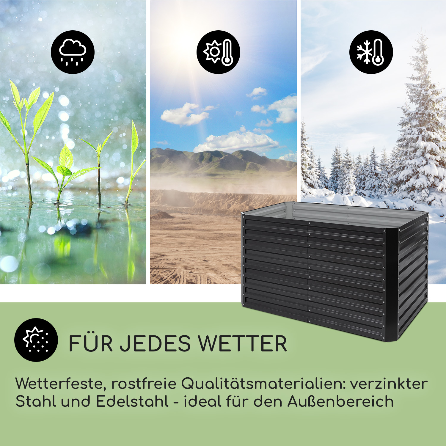 Erhöhtes Gartenbeet im Freien mit Wetter-Symbolen: Regen, Sonne und Schnee.