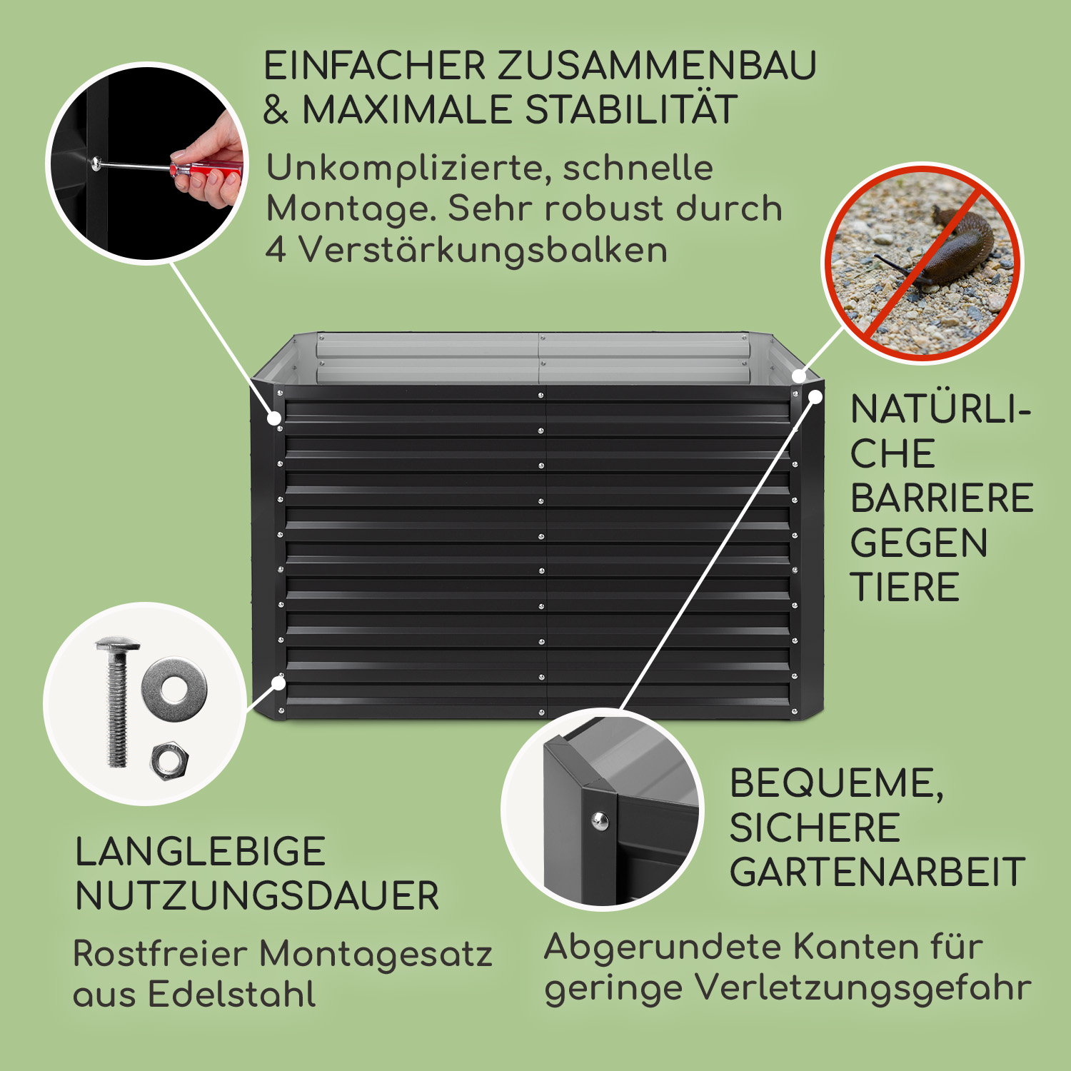 Schwarzes Hochbeet. Merkmale: Edelstahlmontage, abgerundete Kanten und Schädlingsschutz.