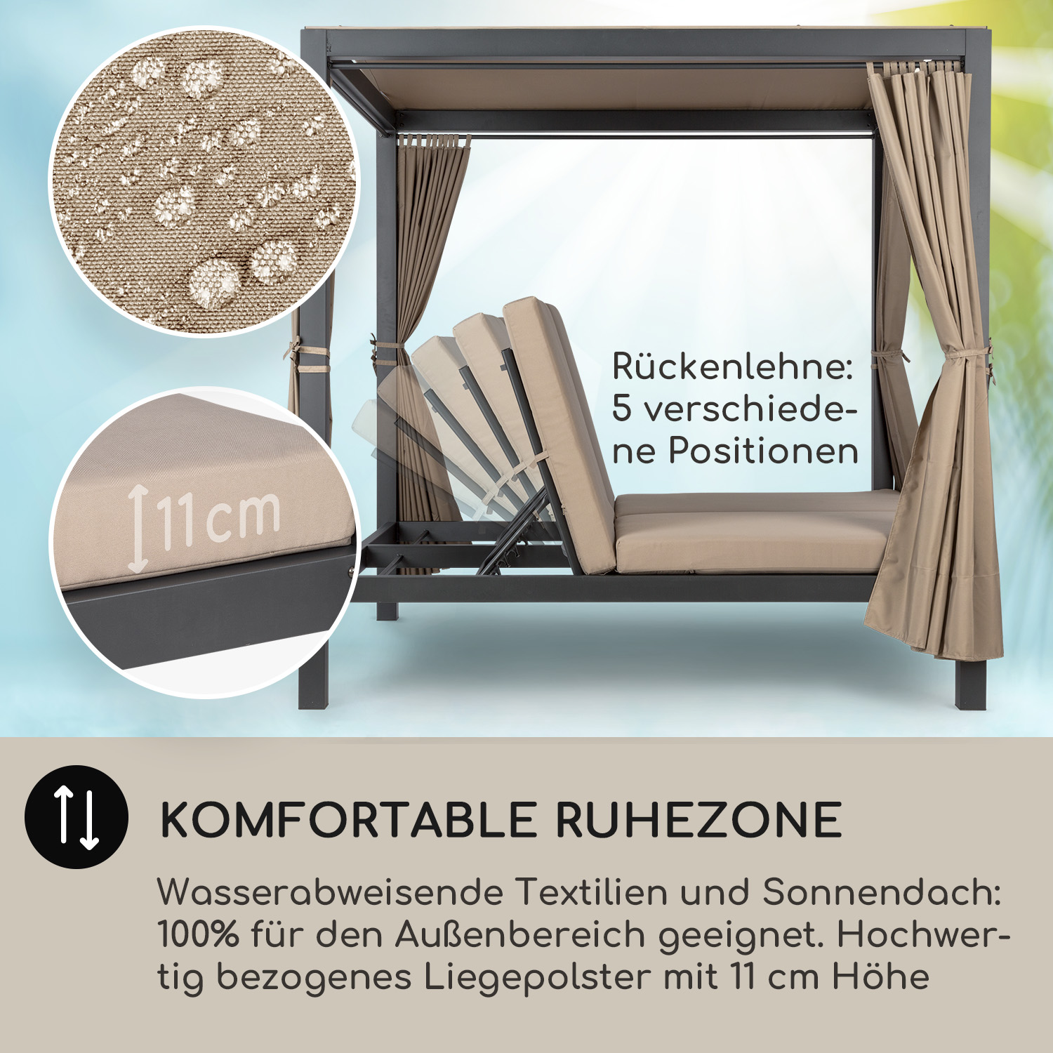 Outdoor-Baldachin mit verstellbaren Sitzen. Beige Kissen und Vorhänge. Wasserabweisender Stoff.