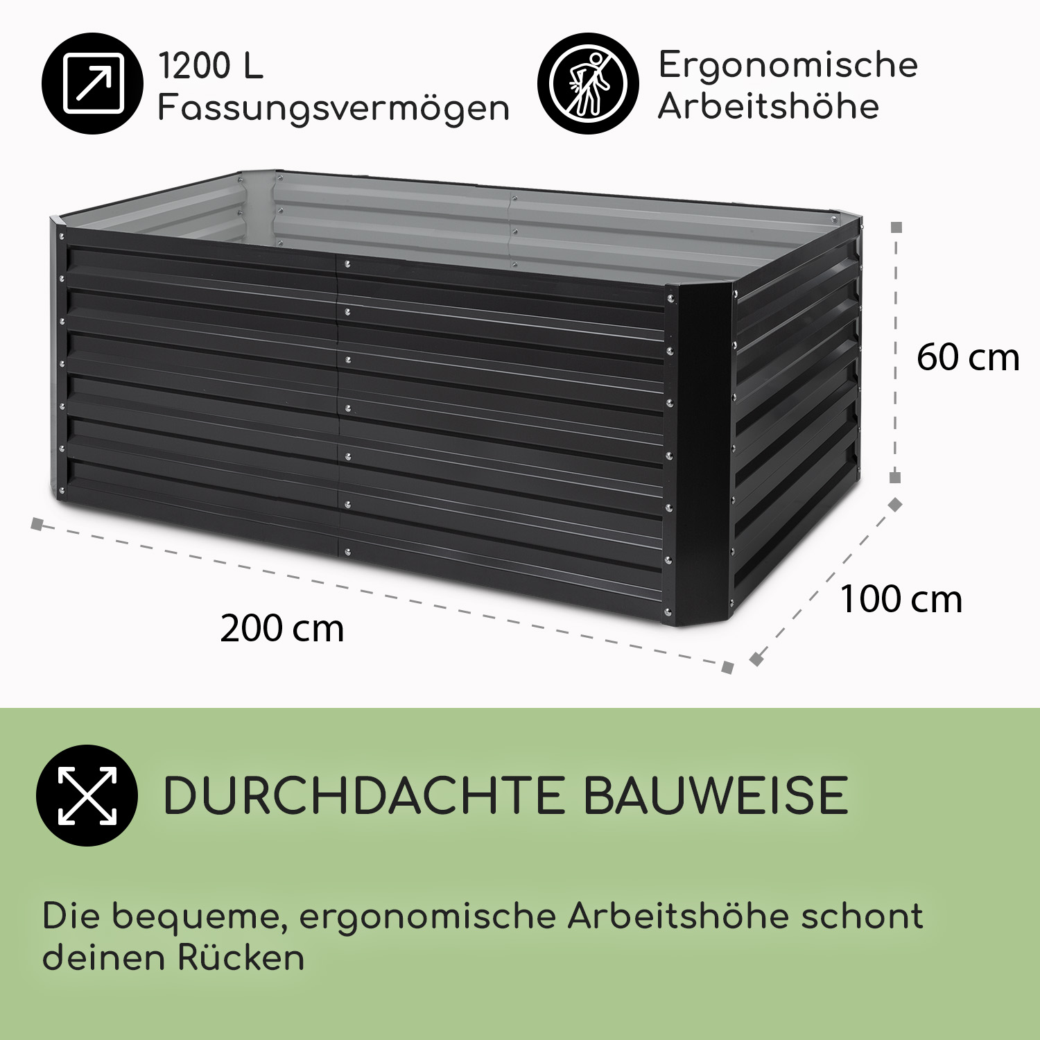 Schwarzes Metall-Gartenbeet mit Maßen, Text: durchdachte Bauweise, 1200L Kapazität.