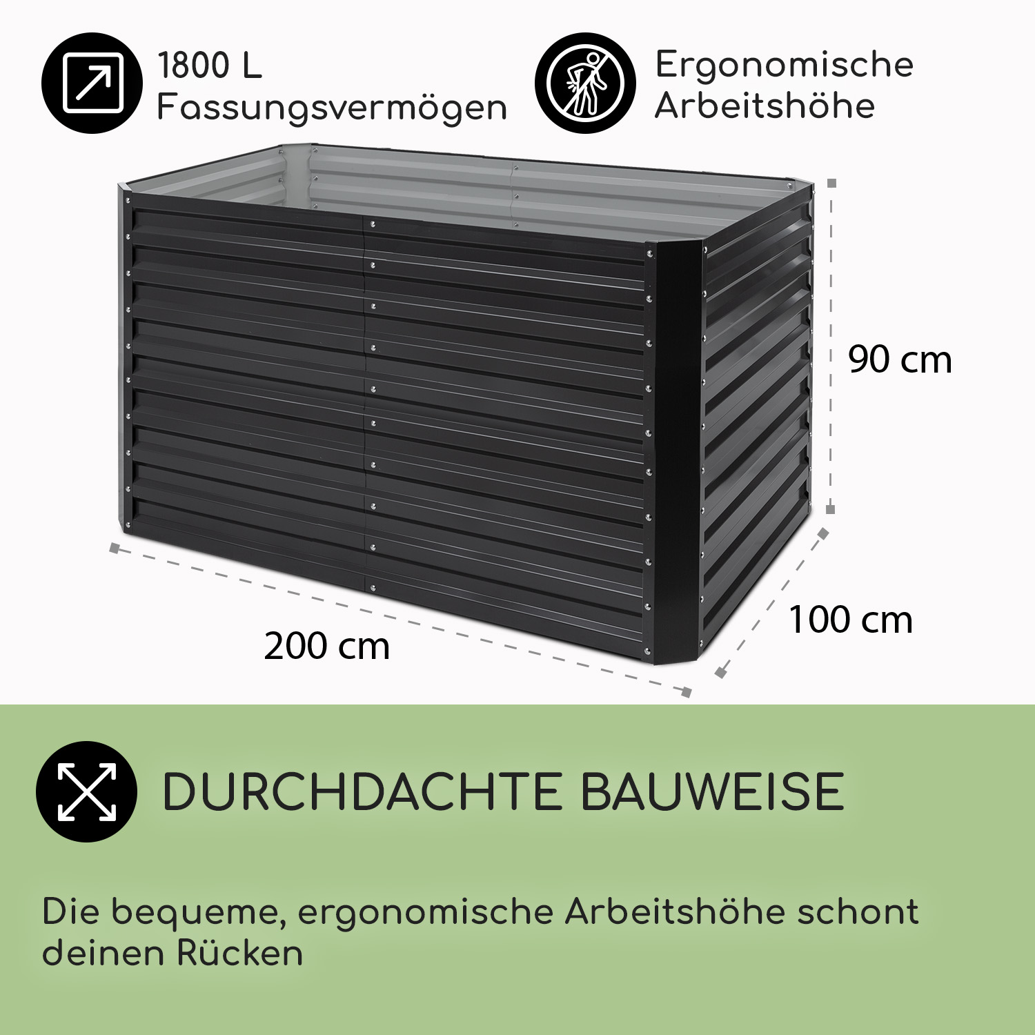 Ein schwarzes, rechteckiges Hochbeet mit beschrifteten Abmessungen und Merkmalen.