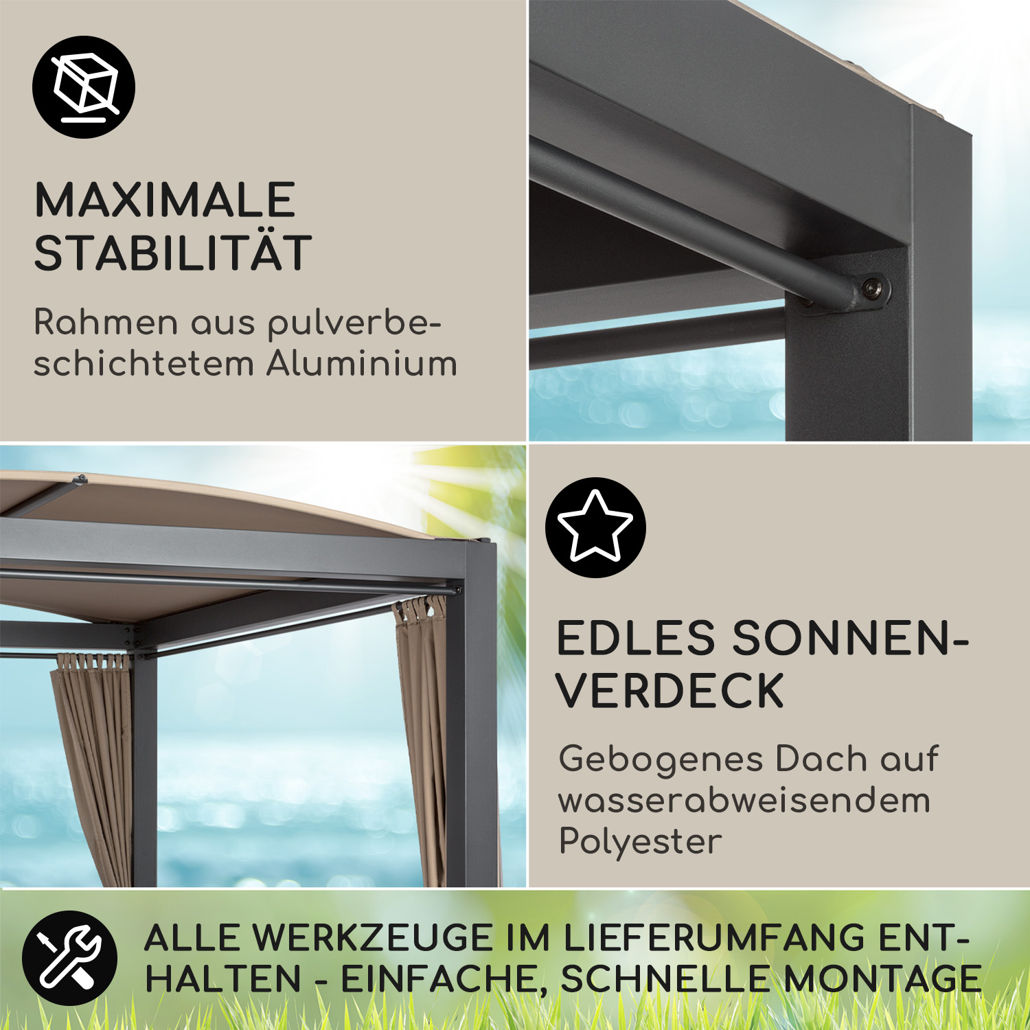 Nahaufnahme einer Pavillonstruktur mit Textbeschriftungen, die Merkmale und Materialien hervorheben.
