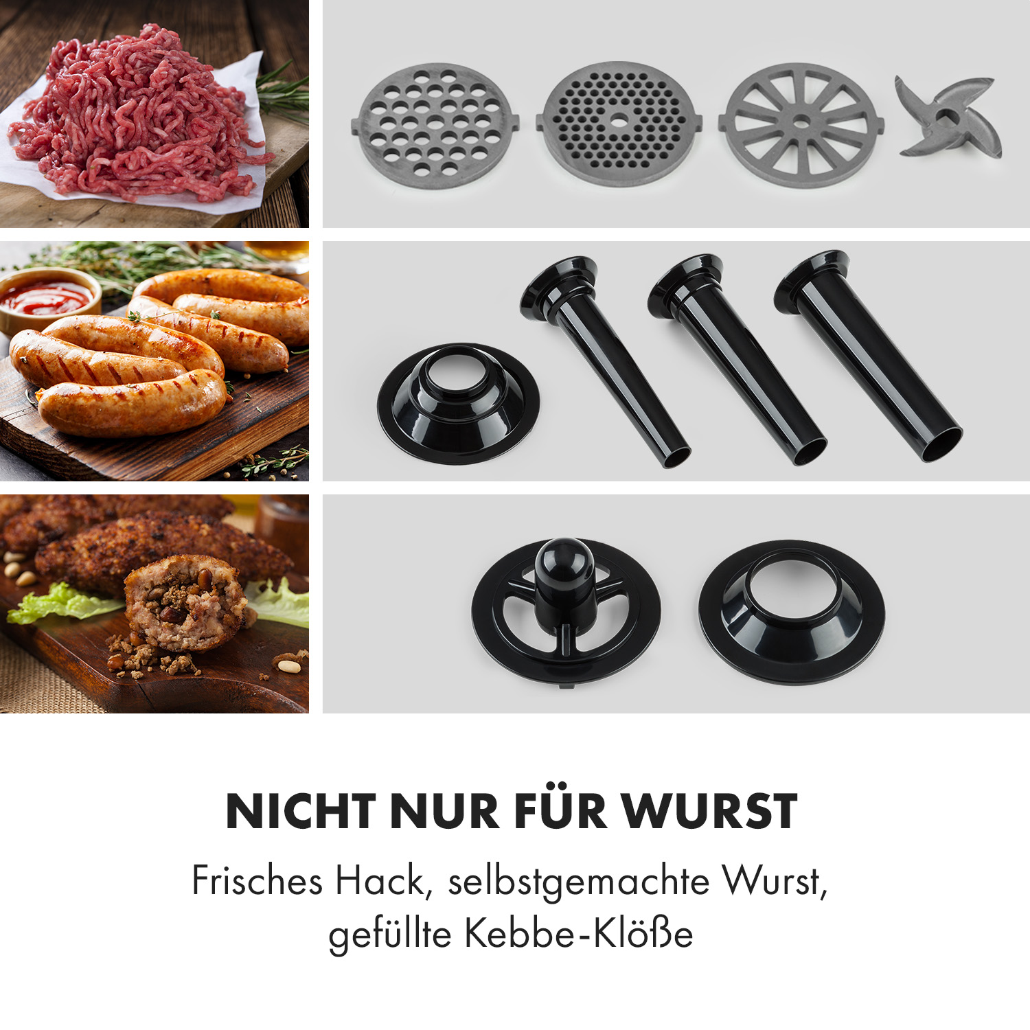 Collage von Lebensmitteln: Hackfleisch, Würstchen und Kebabs.