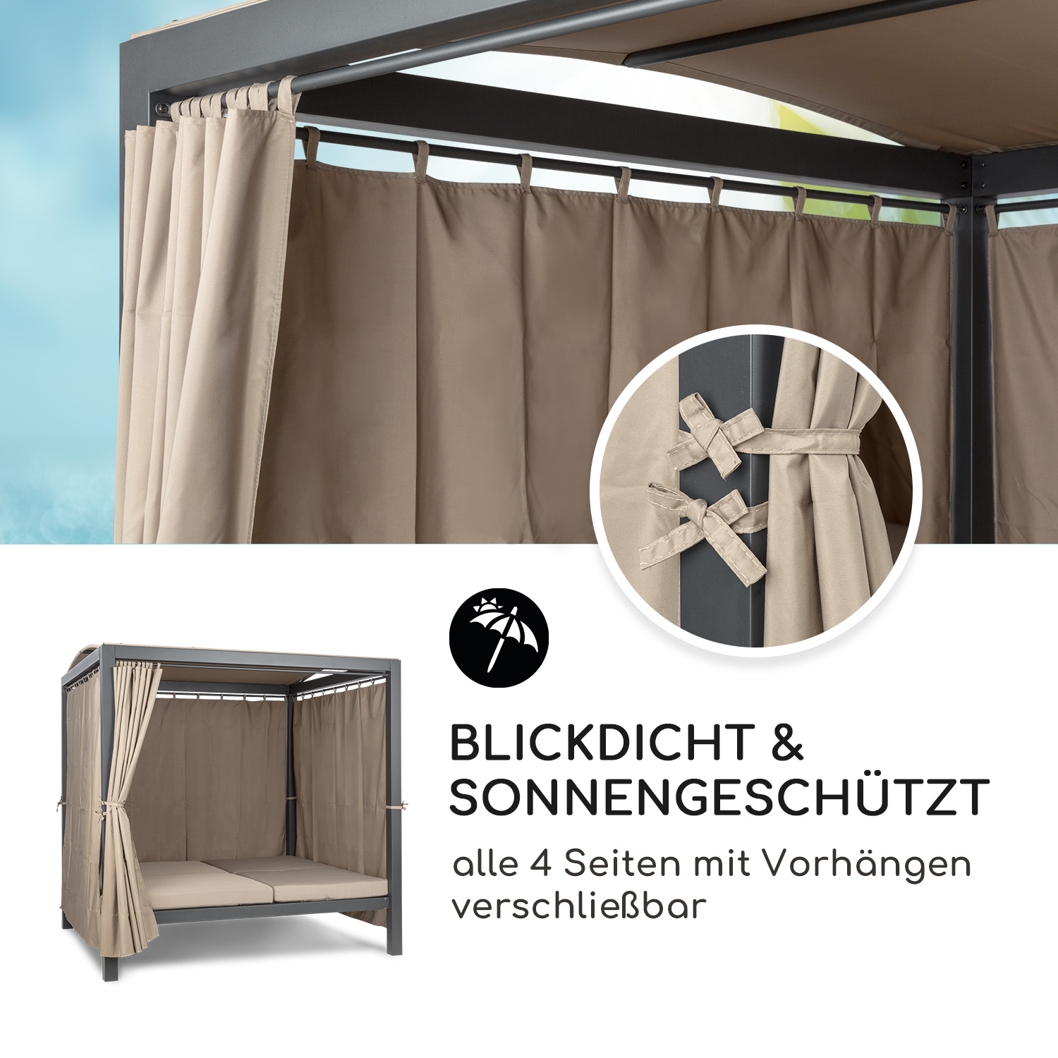 Ein beigefarbener Outdoor-Pavillon mit Vorhängen. Der Pavillon ist aus Metall und hat ein braunes Dach.