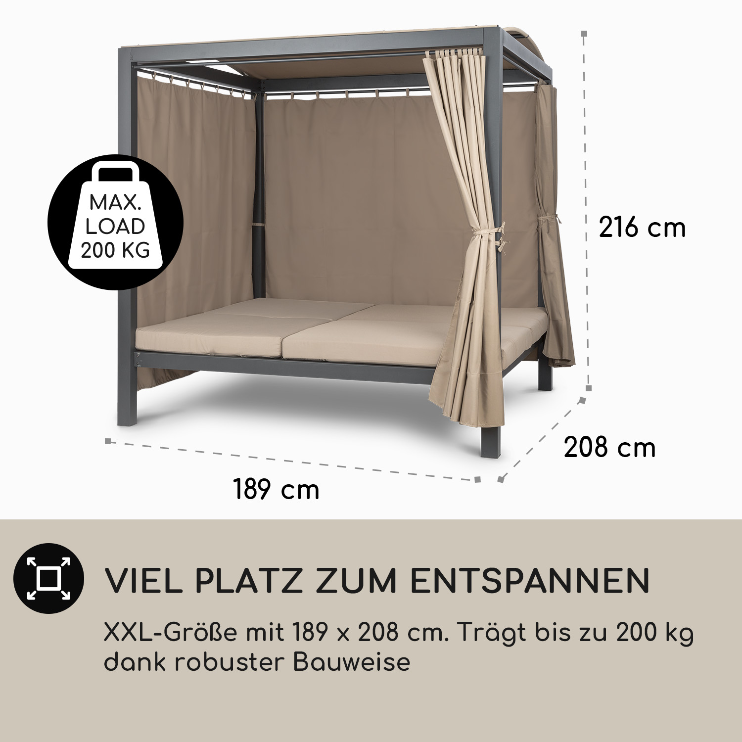 Ein grauer Outdoor-Baldachin mit Vorhängen und beschrifteten Abmessungen.
