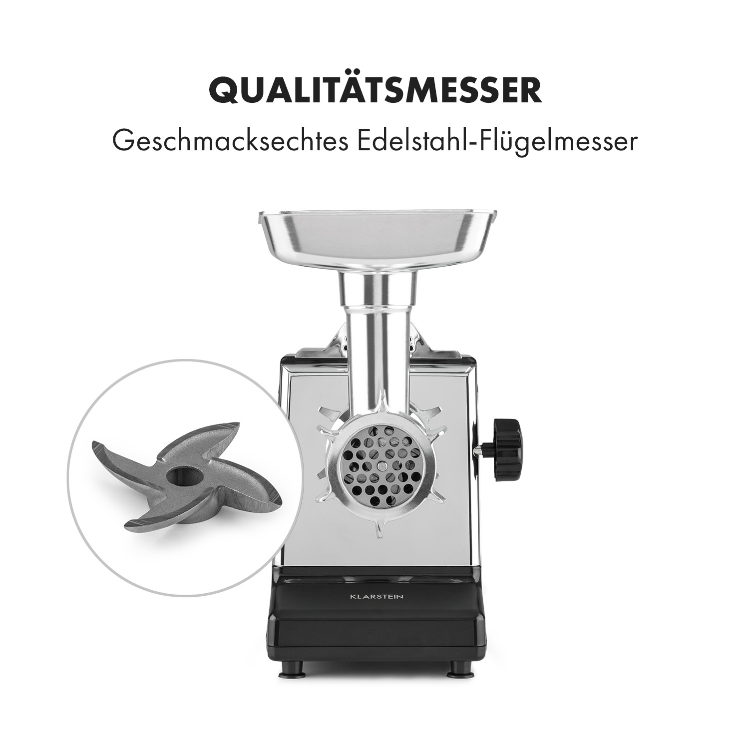 Fleischwolf mit Messer und Nahaufnahme des Messers, auf weißem Hintergrund.