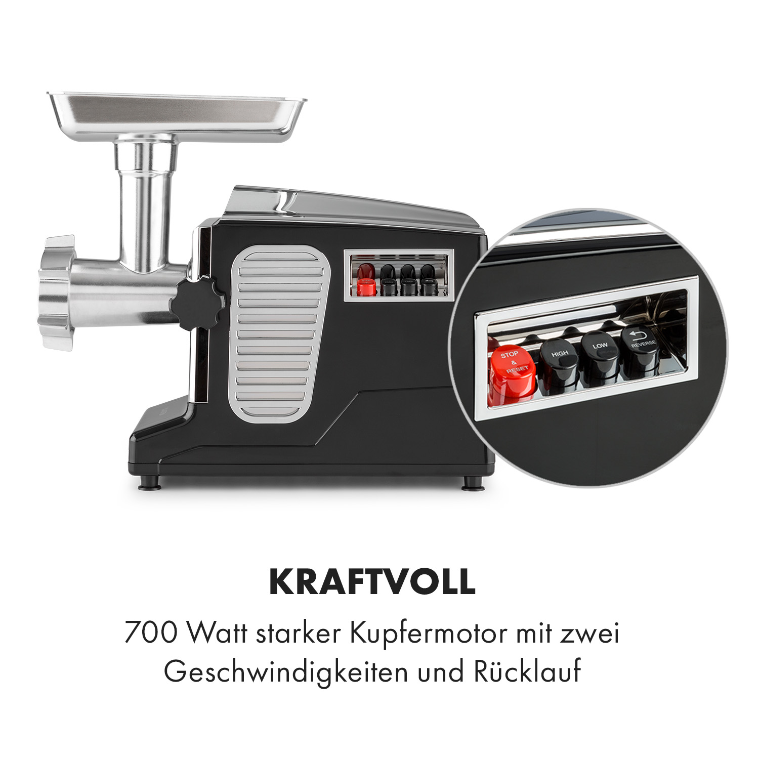 Schwarzer Fleischwolf mit silberner Schale. Er hat rote und schwarze Knöpfe. Der Text lautet 'KRAFTVOLL'.