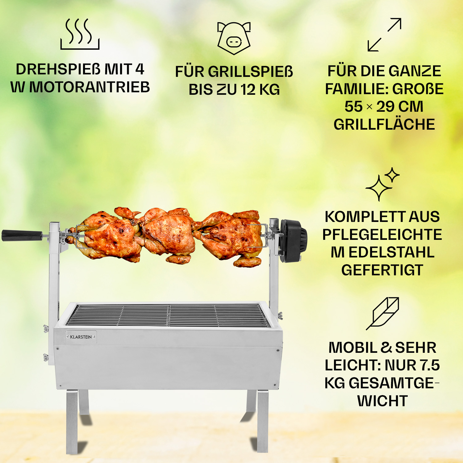 Ein Drehgrill mit Hähnchen beim Braten. Text-Overlay-Details zu Funktionen und Vorteilen.