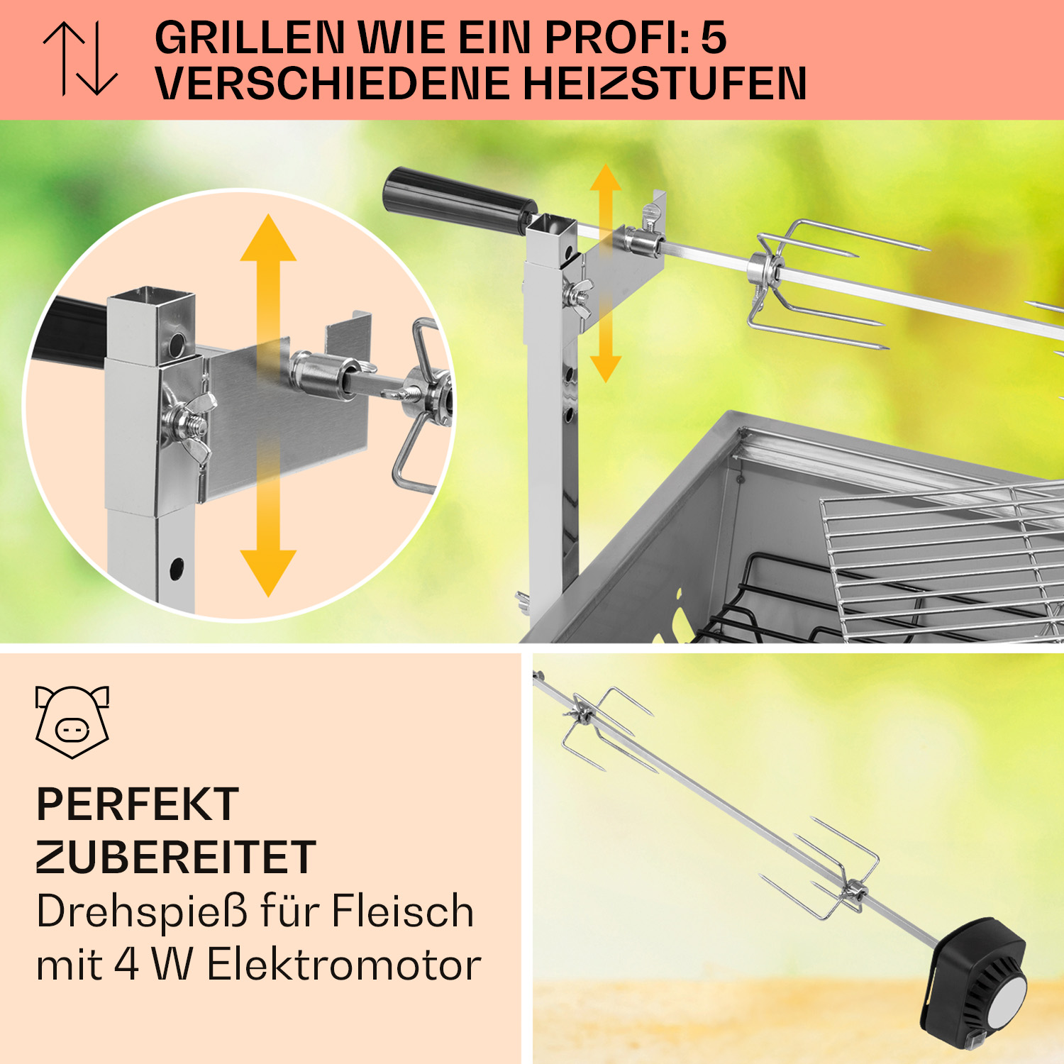 BBQ-Grill mit Drehspieß und 5 Heizeinstellungen, mit Nahaufnahmen der Funktionen.