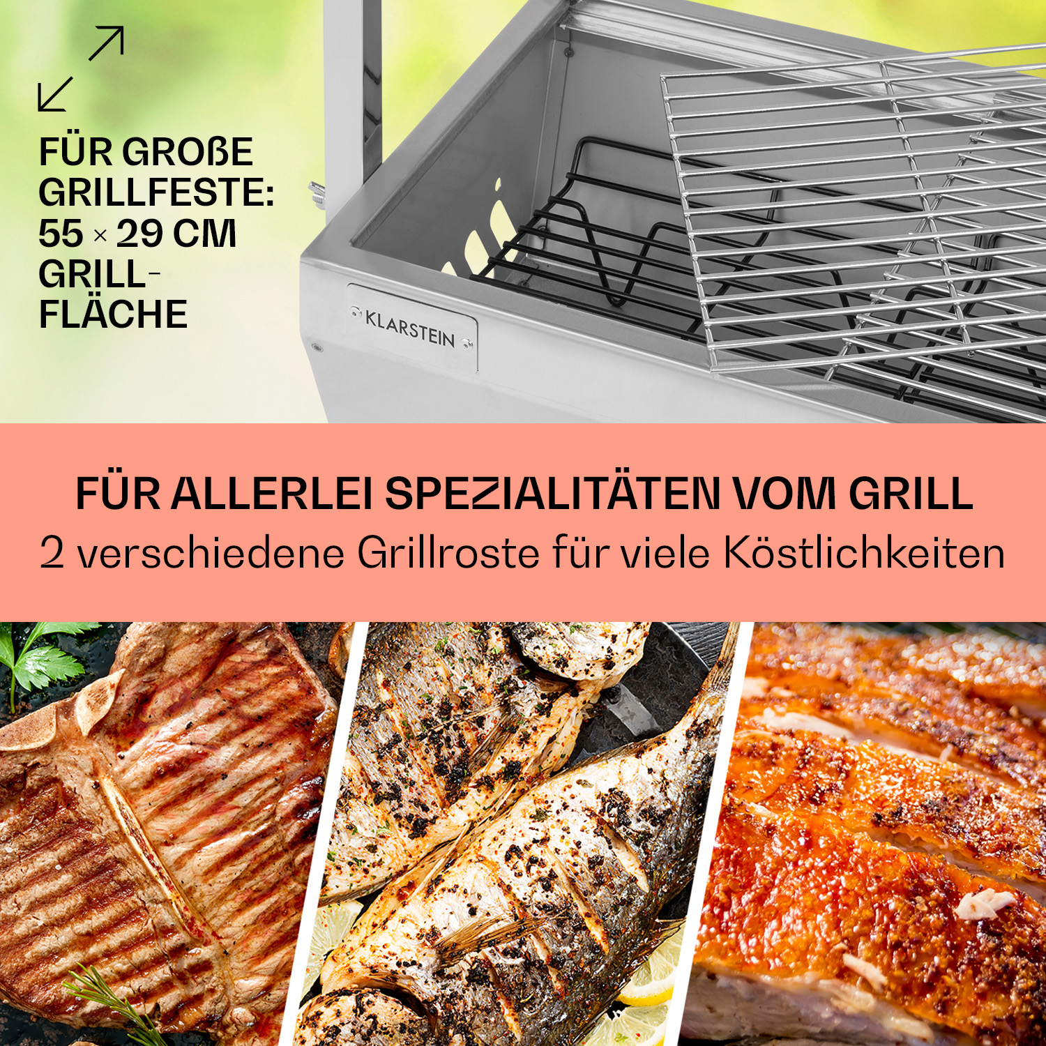 Grill mit Essen darauf, verschiedene Fleischsorten.