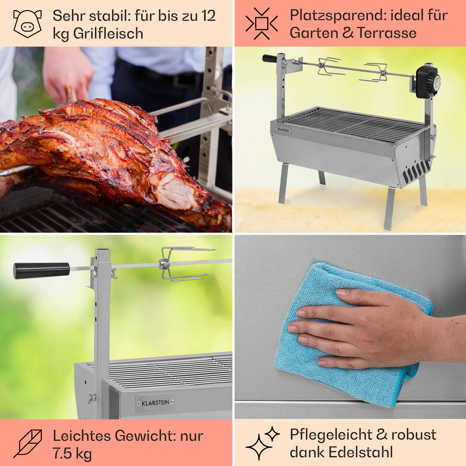 Ein Grill mit gegartem Fleisch und anderen Merkmalen. Text: sehr stabil für bis zu 12 kg Grillfleisch.