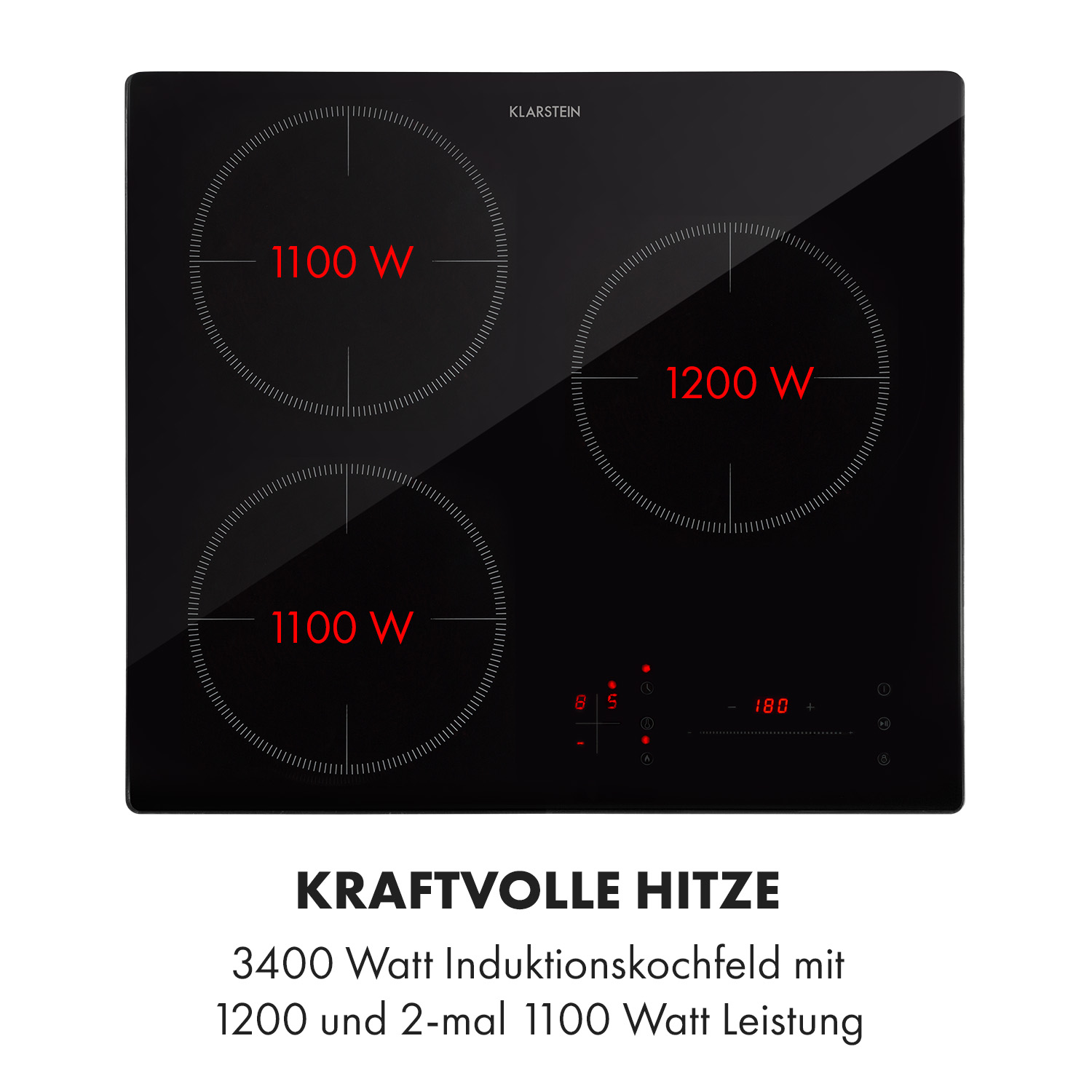 Placa de inducción negra con tres quemadores. Texto: Calor potente y placa de inducción de 3400 vatios.