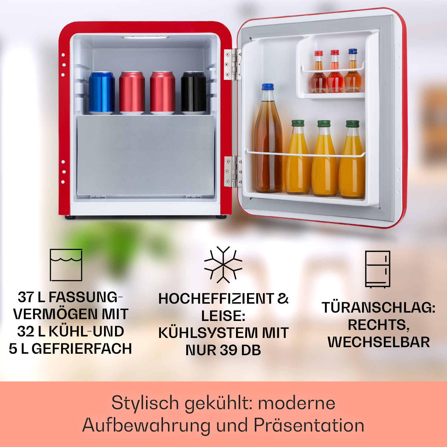cm KLARSTEIN (F, Audrey 37 Rot) 50 hoch, Mini-Kühlschrank