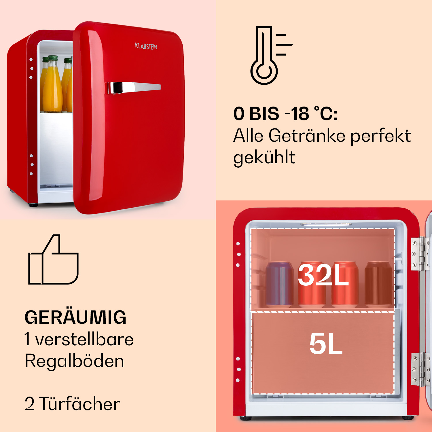cm KLARSTEIN (F, Audrey 37 Rot) 50 hoch, Mini-Kühlschrank