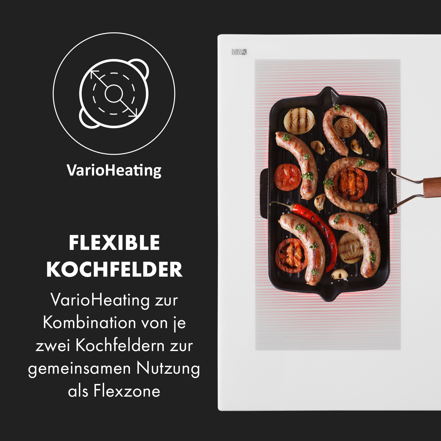 Placa de inducción blanca con salchichas y verduras a la parrilla. Texto: Zonas de cocción flexibles.