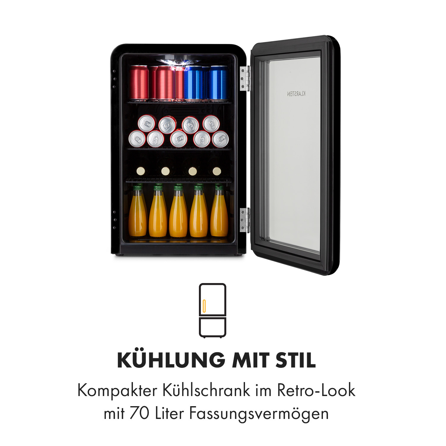 Mini frigo con bevande all'interno, porta aperta.