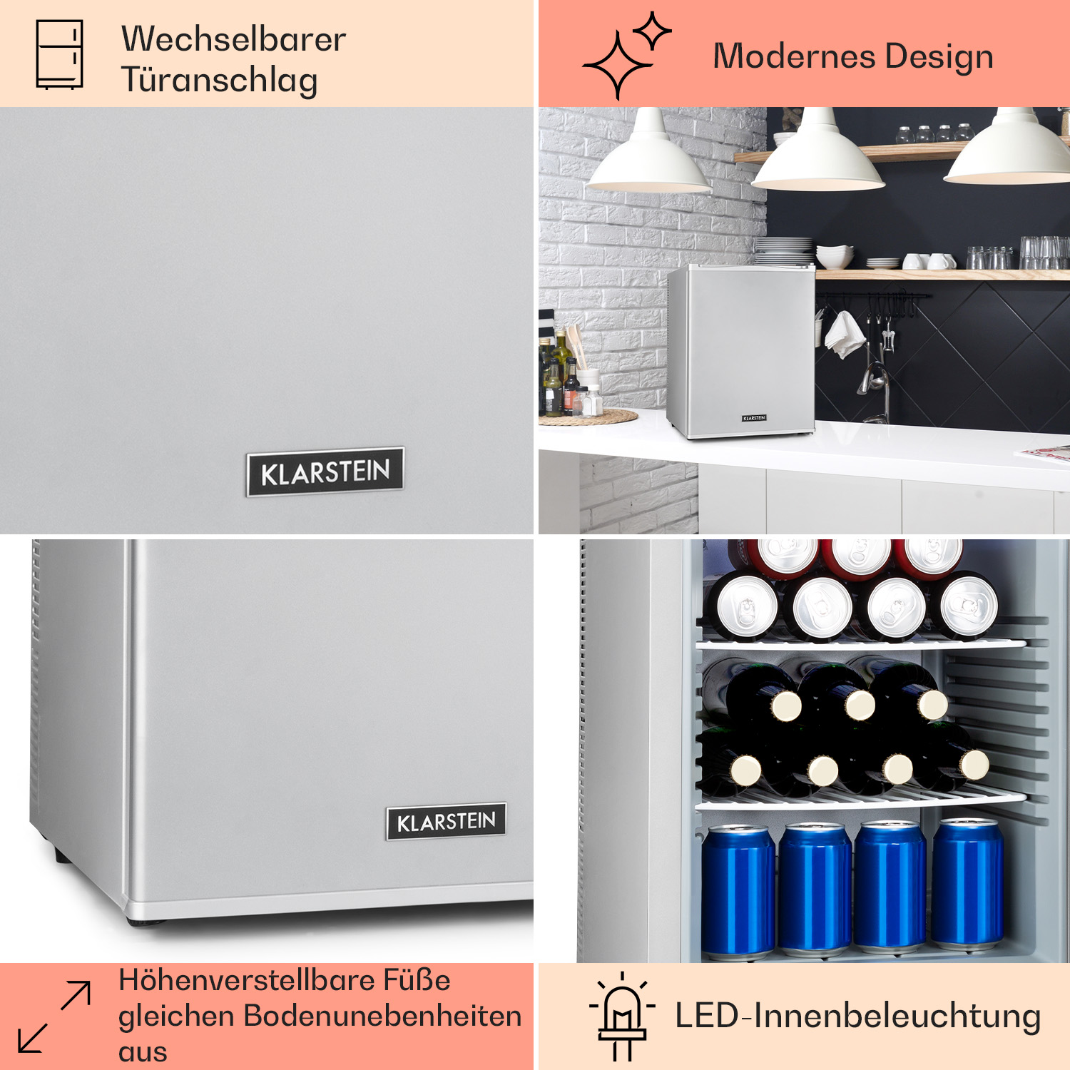 Ein Kühlschrank mit mehreren Funktionen, darunter verstellbare Füße und LED-Beleuchtung.
